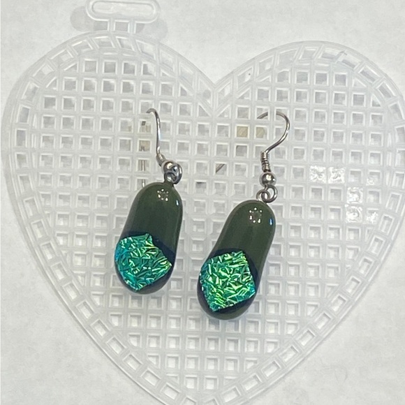 Handmade Fused Glass Elegant Green  Dangle Earrings - Picture 3 of 3